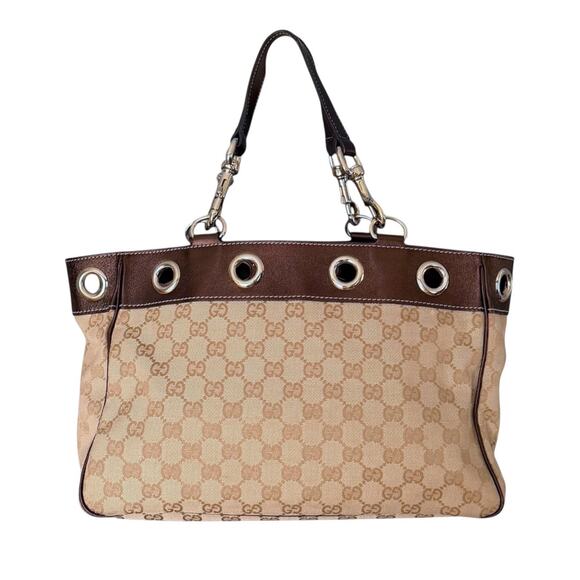GUCCI Positano Tote Handbag Beige GG Logo Canvas Brown Leather Trim Authentic - Picture 3 of 14